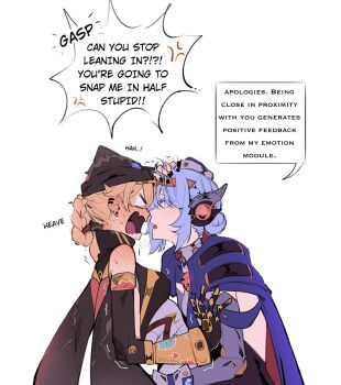 2girls android angry arm_up artist_name beanie black_hat black_nails blonde_hair blue_cape blue_hair blush braid braided_hair_rings breasts bvbu cape colored_eyelashes commentary english_commentary english_text eyewear_on_head fang genshin_impact gloves goggles goggles_on_head hair_ornament hair_rings hand_on_another's_arm hand_on_another's_head hat head_steam highres ineffa_(genshin_impact) jahoda_(genshin_impact) joints long_hair looking_at_another mechanical_arms medium_breasts metal_skin multiple_girls nail_polish open_mouth pink_eyes profile prosthesis prosthetic_arm robot_ears robot_girl robot_joints saliva saliva_trail screw_hair_ornament sidelocks simple_background single_mechanical_arm skin_fang speech_bubble standing trembling white_background x_hat_ornament yuri