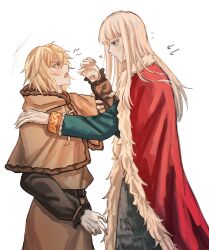 Rule 34 | 2boys, adam&#039;s apple, androgynous, arrow (symbol), belt, blonde hair, blue eyes, blunt bangs, blush, brown eyes, buckle, canute, cloak, eyebrows, eyelashes, frills, fur trim, grabbing another&#039;s arm, hand on another&#039;s arm, hand on another&#039;s shoulder, harumakijiro, heart, height difference, long hair, looking at another, male focus, multiple boys, open mouth, prince, profile, red cloeak, simple background, teeth, thorfinn, upper teeth only, viking, vinland saga, white background, yaoi