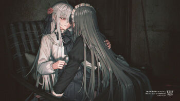 2girls ahoge back_bow black_bow black_bowtie black_dress black_nails black_ribbon bow bowtie braid brooch chain chair commentary_request dress ear_piercing earrings flower grey_hair hair_flower hair_ornament hair_ribbon half_up_braid highres indoors inverted_cross_earrings jewelry juliet_sleeves linked_piercing long_hair long_sleeves maid maid_headdress multiple_girls nail_polish open_mouth original piercing puffy_sleeves red_eyes red_flower red_rose ribbon rose shirt translation_request very_long_hair white_bow white_hair white_shirt yuri yurika-r