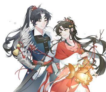 1boy 1girl absurdres animal_lantern arm_armor artist_request black_eyes black_hair blue_robe cheng_heguang chinese_clothes chinese_commentary commentary_request commission facial_mark floating_hair forehead_mark green_eyes hair_bun hanfu highres holding holding_lantern holding_sword holding_weapon jian_(weapon) lantern long_hair looking_at_another mole mole_above_eye paper_heron ponytail red_hanfu reverse:1999 robe second-party_source sheath sheathed sword turning_head weapon white_background