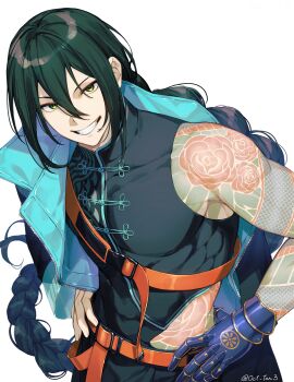 1boy absurdres braid chinese_clothes commentary_request double-parted_bangs fate/grand_order fate_(series) flower_tattoo gauntlets green_eyes green_hair grin hair_between_eyes hands_on_own_hips highres long_hair looking_at_viewer male_focus oct_ten3 official_alternate_costume simple_background single_bare_shoulder single_gauntlet smile solo tattoo twitter_username white_background yan_qing_(fate)