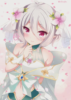 Rule 34 | 1girl, antenna hair, arm behind back, bad id, bad pixiv id, bare shoulders, blush, bow, closed mouth, commentary request, female focus, flower, gradient background, grey background, grey hair, hair between eyes, hair flower, hair ornament, hair ribbon, hand up, ichiyou moka, kokkoro (princess) (princess connect!), kokkoro (princess connect!), looking at viewer, navel, petals, pink background, pink flower, pointy ears, princess connect!, red eyes, ribbon, sleeveless, smile, solo, speech bubble, spoken blush, twitter username, white bow, white ribbon