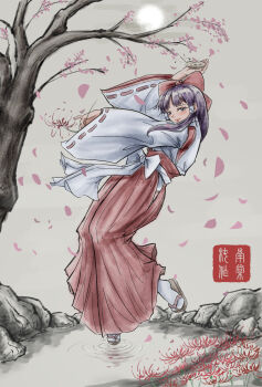 1girl bow brown_background cherry_blossoms chileshi commentary_request cup falling_petals floating flower hair_bow hair_tubes hakurei_reimu hakurei_reimu_(pc-98) highres holding holding_flower light_blush long_hair long_sleeves petals pink_petals pond purple_eyes purple_hair red_bow red_flower red_shirt red_skirt ripples rock sakazuki sandals shirt skirt smile socks solo spider_lily touhou touhou_(pc-98) tree vest white_sleeves white_socks white_vest