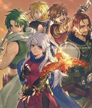 1girl 4boys 91007 bird blonde_hair blue_eyes blue_scarf brown_hair commentary_request edward_(fire_emblem) facial_hair fire_emblem fire_emblem:_radiant_dawn goatee green_hair highres leonardo_(fire_emblem) looking_at_viewer micaiah_(fire_emblem) multiple_boys nintendo nolan_(fire_emblem) pantyhose scarf sothe_(fire_emblem) white_hair yellow_background