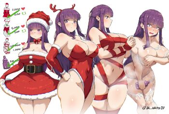 alternate_costume breasts christmas dress fern_(sousou_no_frieren) hat highres jk_arts large_breasts leotard purple_hair purple_pupils santa_costume santa_dress santa_hat sousou_no_frieren