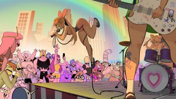 adventure_time band_(music) bandana bass_guitar blossom_(ppg) bubbles_(ppg) buttercup_(ppg) character_request city concert courage_(character) courage_the_cowardly_dog cow_&amp;_chicken crossover dancing dexter's_laboratory dexter_(dexter's_laboratory) drum drum_set drumsticks ear_piercing earl_of_lemongrab electric_guitar eustace_bagge flapjack_(the_marvelous_misadventures_of_flapjack) floating foster's_home_for_imaginary_friends frankie_foster guitar gumball_watterson gunther_(adventure_time) hat hi_hi_puffy_amiyumi highres him_(powerpuff_girls) holding holding_drumsticks instrument johnny_bravo johnny_bravo_(series) lumpy_space_princess microphone mojo_jojo multiple_crossover muriel_bagge music philtomato piercing playing_instrument powerpuff_girls princess_bonnibel_bubblegum rainbow red_guy_(cow_&amp;_chicken) samurai_jack samurai_jack_(character) sealab_2021 sheep_in_the_big_city singing sitting_on_shoulder stage tattoo the_amazing_world_of_gumball the_marvelous_misadventures_of_flapjack the_monkey_(dance) yumi_yoshimura