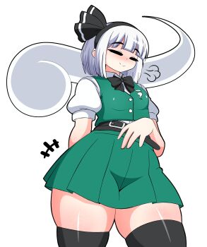 1girl absurdres belt black_belt black_bow black_bowtie black_hairband black_thighhighs bow bow_hairband bowtie breasts closed_mouth collared_shirt commentary cowboy_shot english_commentary green_skirt green_vest hairband highres hitodama hitodama_print konpaku_youmu konpaku_youmu_(ghost) perfect_cherry_blossom pleated_skirt print_vest puffy_short_sleeves puffy_sleeves raised_eyebrows ruihill shirt short_hair short_sleeves simple_background skindentation skirt small_breasts smile solo thick_thighs thighhighs thighs touhou vest white_background white_hair white_shirt zettai_ryouiki