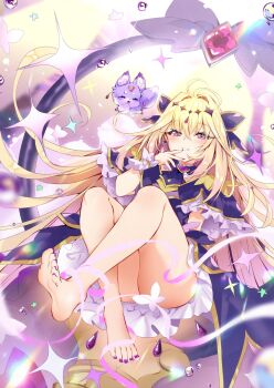 Rule 34 | 1girl, antenna hair, barefoot, black capelet, black dress, blonde hair, brooch, capelet, commentary request, convenient censoring, crossed bangs, cure arcana shadow, dress, frilled capelet, frilled cuffs, frills, hair between eyes, hair intakes, heart, heart brooch, highres, jewelry, long hair, looking at viewer, magical girl, mashu-tan, meitantei precure!, moria luluka, precure, purple eyes, purple nails, purple veil, smile, usagihime, veil