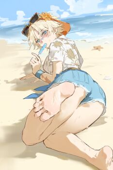 1girl ass backwards_hat barefoot beach beikupangxie blonde_hair blue_eyes denim denim_shorts eyewear_on_head feet floral_print flower food foot_focus full_body genderswap genderswap_(mtf) hair_flower hair_ornament hat highres identity_v looking_at_viewer looking_back lying norton_campbell norton_campbell_(summer_frisbee) on_side popsicle print_shirt shirt short_hair shorts soles solo sunglasses sweat toes visor_cap white_shirt