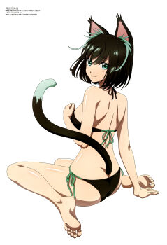 Rule 34 | 1girl, absurdres, animal ears, ass, back, bare shoulders, bikini, black bikini, black hair, breasts, cat ears, cat tail, highres, isekai shikkaku, looking at viewer, looking back, magazine scan, matilda (isekai shikkaku), megami magazine, official art, scan, short hair, side-tie bikini bottom, sideboob, simple background, sitting, smile, swimsuit, tail, tama (isekai shikkaku), thighs, wariza, white background
