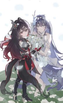 Rule 34 | 2girls, ahoge, bare shoulders, barefoot, black dress, blue eyes, blue hair, bouquet, breasts, dress, dual persona, feet, flower, hair flower, hair ornament, hashtag-only commentary, high heels, highres, holding, holding bouquet, honkai (series), honkai impact 3rd, large breasts, long hair, looking at viewer, multicolored hair, multiple girls, red eyes, red hair, s2 oo, seele vollerei, seele vollerei (herrscher of rebirth), seele vollerei (stygian nymph), smile, two-tone hair, very long hair, white dress