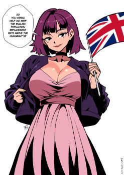 1girl 2026 alternate_breast_size_(larger) amelia_(pathways) artist_name black_choker black_eyes bob_cut breasts choker cleavage clothes_pull collarbone commentary dress english_commentary english_text flag hair_between_eyes head_tilt highres holding holding_flag jacket jacket_pull kukuruyo large_breasts licking licking_lips long_sleeves looking_at_viewer mole mole_under_eye multicolored_hair off_shoulder pathways_(game) pink_dress politics purple_hair purple_jacket red_lips seductive_smile short_hair smile smug speech_bubble standing straight-on teasing tongue tongue_out union_jack white_background