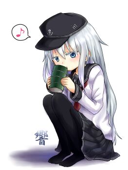 beamed_eighth_notes black_skirt blue_eyes cup drinking eighth_note flat_cap hat heart hibiki_(kancolle) highres kantai_collection long_hair music musical_note necktie pantyhose pleated_skirt quarter_note sailor_collar school_uniform skirt solo speech_bubble spoken_heart spoken_musical_note spoken_squiggle squatting squiggle u_yuz_xx white_background
