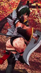 1girl 3d animated apron ass ass_focus ass_shake black_hair black_leotard blood blood_on_ass blood_on_breasts blood_on_clothes breasts butterfly_swords curvy female_focus fighting_stance forest game_screenshot highleg highleg_leotard highres holding holding_weapon huge_ass iroha_(samurai_spirits) jiggle jumping large_breasts leotard leotard_under_clothes lips looking_back looking_to_the_side maid maid_headdress nature samurai_spirits shiny_skin short_hair skindentation snk solo sound thighhighs third-party_edit thong_leotard video weapon wide_hips