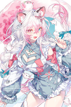 1girl anchun_(quail0503) animal animal_ears bird blue_bow blue_dress blue_eyes blush bow braid breasts cleavage cowboy_shot dress eyelashes fang fingernails hair_between_eyes heart heterochromia highres long_sleeves looking_at_viewer multicolored_hair open_mouth original pink_bird pink_bow pink_eyes sidelocks solo sticker sticker_on_face twin_braids two-tone_hair white_hair