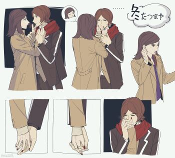 ... 1boy 1girl absurdres amano_maya black_hair black_jacket blush breath brown_coat brown_hair challlllk close-up coat couple from_behind from_side hair_behind_ear hand_focus hands_on_another's_cheeks hands_on_another's_face hetero highres holding_another's_wrist holding_hands interlocked_fingers jacket kiss kissing_hand long_sleeves looking_at_another medium_hair motion_lines multiple_views nail_polish parted_bangs persona persona_2 profile puckered_lips red_nails red_scarf scarf school_uniform seven_sisters_high_school_uniform short_hair suou_tatsuya sweatdrop swept_bangs twitter_username upper_body