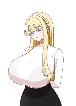 1girl arms_behind_back blonde_hair blue_eyes breasts colored_eyelashes eyebrows_hidden_by_hair eyelashes gigantic_breasts hair_behind_ear headband highres kira_natto long_hair mole original pleated_skirt shadow simple_background skirt smile tilted_head