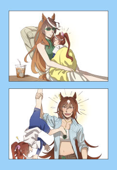 Rule 34 | !, 3girls, absurdres, aged down, animal ear piercing, animal ears, barefoot, blanket, blue shorts, bow, brown hair, chair, collared shirt, commentary, comparison, crop top, ear ornament, flipped hair, green-framed eyewear, hahahaihai, hair between eyes, hair bow, highres, holding another's leg, horse ears, horse girl, horse tail, iced tea, jellyfish cut, jewelry, layered sleeves, lifting person, long hair, long skirt, lounge chair, midriff, multiple girls, necklace, open clothes, open shirt, parody, photo-referenced, ponytail, red eyes, shirt, shorts, simple background, single hair streak, sirius symboli (umamusume), skirt, sleeping, sleeping on person, strapless, striped clothes, striped shirt, sunglasses, symboli rudolf (umamusume), tail, tokai teio (umamusume), tube top, umamusume, unworn eyewear, vertical-striped clothes, vertical-striped shirt, white shirt, white tube top