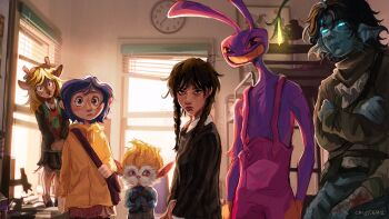 3boys 3girls absurdres the_addams_family anglerfish_boy animal_ears antlers arcane:_league_of_legends bag black_hair blue_hair braid buck_teeth clock closed_mouth colored_sclera colored_skin commentary coraline coraline_(movie) crossbody_bag crossover crytterz curtains deer_girl deltarune english_commentary furry furry_female furry_male glowing glowing_eyes hair_between_eyes heimerdinger highres holding holding_bag hood hoodie horns indoors jax_(the_amazing_digital_circus) league_of_legends long_hair long_sleeves looking_at_viewer multiple_boys multiple_crossover multiple_girls noelle_holiday overalls pink_overalls pressure_(roblox) sebastian_solace short_hair smile teeth the_amazing_digital_circus twin_braids utdr_(toby_fox) wall_clock wednesday_(netflix) wednesday_addams yellow_hoodie
