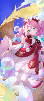1girl absurdres aqua_eyes aqua_hair beret bubble closed_mouth commentary_request dress drill_hair hair_between_eyes hat highres honkai:_star_rail honkai_(series) hyacine_(honkai:_star_rail) long_hair long_sleeves looking_at_viewer multicolored_hair pantyhose pink_hair puffy_long_sleeves puffy_sleeves qi_di_xiong red_dress red_hat smile solo twin_drills two-tone_hair white_pantyhose white_sleeves wings yellow_pupils yellow_wings