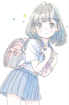Rule 34 | 1girl, backpack, bag, blue sailor collar, blue skirt, blunt bangs, blush, brown eyes, brown hair, cowboy shot, dot nose, double-parted bangs, from side, highres, leaning forward, looking at viewer, neckerchief, open mouth, original, parted lips, pleated skirt, poranka (porankaran), randoseru, red neckerchief, sailor collar, school bag, school uniform, serafuku, shirt, short hair, simple background, skirt, solo, star (symbol), white background, white shirt