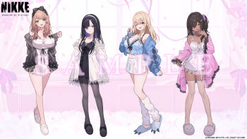 4girls black_hair black_pantyhose blonde_hair breasts brown_hair cleavage closed_mouth colored_inner_hair commentary_request emma_(nikke) eunhwa_(nikke) full_body garter_straps goddess_of_victory:_nikke hair_over_one_eye highres large_breasts leg_warmers long_hair looking_at_viewer midriff multicolored_hair multiple_girls naga_(nikke) off_shoulder official_art one_eye_closed open_mouth orange_eyes pantyhose parted_lips purple_eyes purple_hair sample_watermark shugao single_garter_strap slippers smile standing thighhighs tia_(nikke) watermark white_garter_straps white_leg_warmers white_thighhighs yellow_eyes