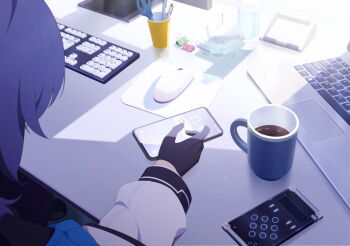 1girl artist_request black_gloves blue_archive cellphone coffee coffee_mug computer computer_keyboard cup game_cg gloves highres jacket laptop long_hair mug non-web_source official_art phone purple_hair smartphone solo white_jacket yuuka_(blue_archive)