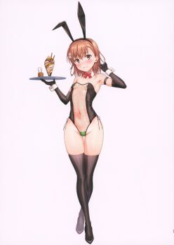 1girl 2022 20s absurdres animal_ears armpits bare_hips bare_shoulders blush breasts brown_eyes brown_hair cleft_of_venus closed_mouth collarbone covered_navel cup detached_collar elbow_gloves fake_animal_ears female_focus food full_body gloves gluteal_fold groin hair_ornament highres ice_cream ice_cream_cup isshi_pyuma leotard looking_at_viewer matching_hair/eyes misaka_mikoto navel pear-shaped_figure rabbit_ears scan see-through_clothes short_hair skindentation small_breasts solo standing stomach strapless strapless_leotard thigh_gap thighhighs toaru_kagaku_no_railgun toaru_majutsu_no_index tray white_background wrist_cuffs