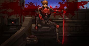 1girl absurdres angel_wings armor asymmetrical_arms black_horns blood blood_on_wall blood_splatter brown_hair casual claws corruption dark-skinned_female dark_skin day_of_wrath_(infinitypilot) demon demon_girl demon_horns demon_wings doom_(2016) doom_(series) elite_guard_(doom) fanfic fantasy full_armor glowing glowing_sword glowing_weapon gun handgun highres holding holding_gun holding_sword holding_weapon horns looking_at_viewer mars_(planet) monster_girl mutant mutation occult original power_suit red_armor ruby_taylor_(day_of_wrath) science_fiction single_horn sitting smile soldier solo solo_focus spread_legs sword texd41 vorpal_sword_(day_of_wrath) warrior weapon wings