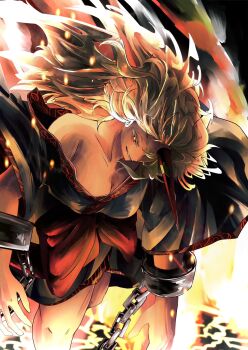 1girl alcohol blonde_hair bow breasts chain chained cleavage cuffs dark_background fire glowing hair_over_one_eye highres horns hoshiguma_yuugi japanese_clothes kimono large_bow looking_down oni red_eyes sake shackles single_horn touhou umaieokakitai wide_sleeves