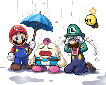 1other 3boys belt blue_eyes blue_overalls blue_pants boots brown_belt brown_boots brown_hair closed_eyes crying facial_hair full_body gloves green_hat green_shirt hat highres holding holding_umbrella in-franchise_crossover kneeling long_sleeves looking_at_another luigi mallow_(mario) mario mario_&amp;_luigi_rpg mario_(series) multiple_boys mustache newsboy_cap nintendo open_mouth overalls pants pink_boots pink_hair puddle rain red_hat red_shirt red_socks shirt short_hair simple_background socks starlow streaming_tears striped_clothes striped_pants striped_socks super_mario_rpg tears teeth two-tone_pants umbrella upper_teeth_only white_background white_pants white_socks yamari_(ya_mari_6363)