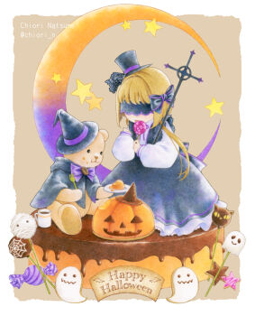 1girl blindfold candy chiori_n colored_pencil_(medium) commentary cookie crescent_moon doll dress eating food ghost halloween happy_halloween hat highres jack-o'-lantern moon original pudding star_(sky) stuffed_animal stuffed_toy teddy_bear traditional_media witch_hat