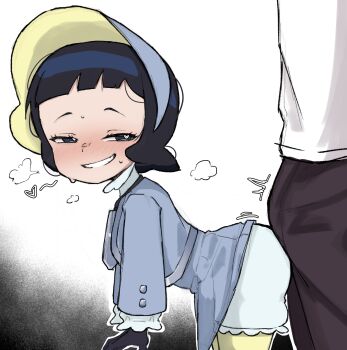 1boy 1girl age_difference ass bent_over black_eyes black_gloves black_hair blue_dress blush bulge dress erection erection_under_clothes from_side gloves grin grinding hat heart heart-shaped_pupils height_difference highres loli mesugaki naughty_face nintendo pokemon pokemon_sv poppy_(pokemon) short_hair simple_background size_difference smile smirk smug standing symbol-shaped_pupils teasing white_background zlix0n