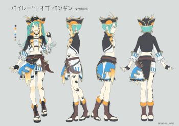 1girl :d aqua_eyes aqua_hair black_choker black_gloves black_hat black_jacket choker closed_mouth collarbone color_guide contest_winner cropped_jacket fingerless_gloves full_body gloves hat hatsune_miku highres jacket manken_iwaki navel official_alternate_costume official_art open_mouth pirate_hat pirates_of_penguin_(project_sekai) project_sekai protected_link reference_sheet smile teeth toes tongue translation_request twintails twitter_username upper_teeth_only vocaloid