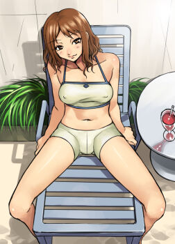 1990s_(style) 1girl bikini breasts brown_hair cissnei covered_erect_nipples crisis_core:_final_fantasy_vii female_focus final_fantasy final_fantasy_vii kazumi_yoshiyuki medium_breasts mizuryu_kei navel retro_artstyle shorts solo spread_legs swimsuit tankini turks_(ff7)