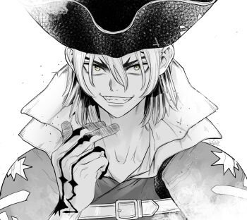 1boy collar collarbone dr._stone finger_heart fingernails greyscale grin hair_behind_ear hair_between_eyes hand_up hat high_collar looking_at_viewer male_focus medium_hair monochrome nanami_ryuusui ninomae_gin pirate pirate_hat portrait sidelocks signature smile smirk solo spot_color star_(symbol) star_print thick_eyebrows upper_body virtual_youtuber white_background yellow_eyes
