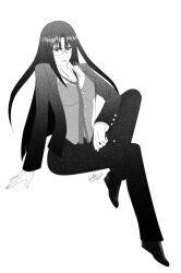 Rule 34 | 1girl, arm support, asougi rin, breasts, glasses, highres, large breasts, legs, long hair, looking at viewer, mature female, mnemosyne, monochrome, necktie, office lady, pants, serious, solo, thighs, very long hair