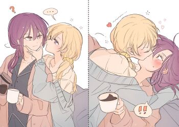 ! ... 2girls bang_dream! blonde_hair blush closed_eyes closed_mouth coffee coffee_pot commentary_request cup dated_commentary hair_over_shoulder heart holding holding_cup holding_pot kiss multiple_girls pot purple_eyes purple_hair red_eyes seri_(vyrlw) seta_kaoru shirasagi_chisato spoken_ellipsis spoken_exclamation_mark squeans sweatdrop yuri