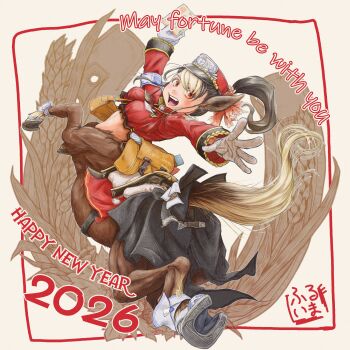 1girl 2026 absurdres animal_ears ankle_cuffs arms_up between_breasts black_hair breasts centaur chinese_zodiac commentary_request cropped_jacket full_body gloves hair_between_eyes happy_new_year highres holding hooves horse_ears horse_tail horseshoe huru_ima jacket long_hair long_sleeves looking_at_viewer mailbag mailman medium_breasts midriff monster_girl multicolored_hair multiple_legs new_year open_mouth orange_bag orange_eyes original ponytail postcard rearing red_jacket saddle signature solo strap_between_breasts swept_bangs tail taur teeth two-tone_hair upper_teeth_only white_gloves white_hair year_of_the_horse