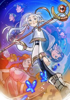 Rule 34 | 4boys, 4girls, absurdres, alos (alosrovolo), bandaged wrist, bandages, beard, black coat, black pantyhose, black roots, blonde hair, blue butterfly, blue hair, blunt bangs, blush, boots, breasts, brown hair, bug, butterfly, capelet, cleavage, cloak, closed mouth, coat, dress, earrings, eisen (sousou no frieren), elf, facial hair, fake horns, fern, flamme (sousou no frieren), fur-trimmed cloak, fur trim, glass, goatee, gold trim, green eyes, grey boots, grey hair, hair between eyes, hair slicked back, heiter, helmet, highres, himmel (sousou no frieren), holding, holding staff, horned helmet, horns, insect, jacket, jewelry, large breasts, long hair, low ponytail, mole, mole under eye, multiple boys, multiple girls, open mouth, orange hair, over shoulder, pantyhose, parted bangs, parted lips, pointing, pointing up, pointy ears, ponytail, purple hair, red cloak, red coat, red hair, sein (sousou no frieren), serie (sousou no frieren), shirt, short hair, sidelocks, skirt, smile, staff, stark (sousou no frieren), striped clothes, striped shirt, swept bangs, twintails, upper body, weapon, weapon over shoulder, white capelet, white dress, white jacket, white skirt