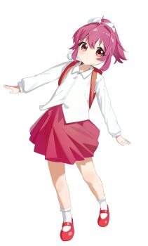1girl aged_down animal animal_on_shoulder backpack bag bird bird_on_shoulder bobby_socks bow child closed_mouth collared_shirt full_body hair_bow highres invisible_floor keibi_inu knees leaning_to_the_side long_sleeves looking_to_the_side mary_janes pink_skirt ponytail purple_eyes purple_hair randoseru red_bag red_shoes shirt shoes simple_background skirt socks solo standing sugiura_ayano white_background white_bow white_shirt white_socks yuruyuri