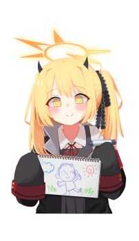 Rule 34 | 1girl, absurdres, black coat, black dress, blonde hair, blue archive, blush, bright pupils, closed mouth, coat, collared shirt, commentary request, crayon, crayon drawing, cropped torso, demon horns, doodle sensei (blue archive), drawing (object), dress, hair tie, halo, hands up, highres, holding, holding crayon, holding drawing, horns, ibuki (blue archive), long sleeves, looking at viewer, medium hair, neck ribbon, newdosirak, open clothes, open coat, pinafore dress, red ribbon, ribbon, sensei (blue archive), shirt, single off shoulder, sleeveless, sleeveless dress, sleeves past fingers, sleeves past wrists, smile, solo, white pupils, white shirt, yellow eyes, yellow halo