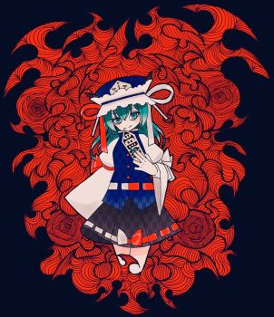 1girl aqua_eyes aqua_hair aqua_nails black_skirt blue_hat boku_(isizakitakasi) bow cropped_legs hat holding long_hair long_sleeves looking_at_viewer no_nose pleated_skirt ribbon-trimmed_skirt ribbon_trim shiki_eiki skirt smile solo touhou unmoving_pattern yagasuri