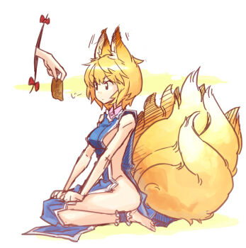 1girl aburaage animal_ears ankle_garter bare_shoulders barefoot blonde_hair breasts brown_eyes female_focus food fox_ears fox_tail full_body gap_(touhou) medium_breasts multiple_tails naked_tabard nerugal no_bra no_headwear no_panties revealing_clothes seiza short_hair simple_background sitting solo tabard tail tofu touhou yakumo_ran