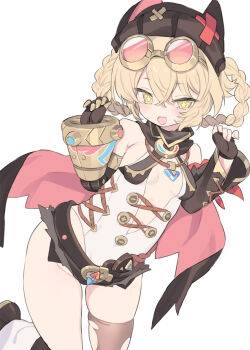 Rule 34 | 1girl, bare shoulders, beanie, blade (galaxist), blonde hair, blush, braid, braided hair rings, breasts, commentary request, genshin impact, goggles, goggles on head, hair rings, hat, highres, jahoda (genshin impact), looking at viewer, open mouth, prosthesis, prosthetic arm, small breasts, smile, solo, thighs, yellow eyes