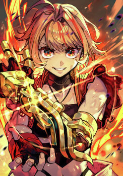 1girl black_gloves blonde_hair commentary_request dirty dirty_face fingerless_gloves gloves highres hungry_clicker jewelry midriff navel necklace original second-party_source short_hair smile solo striped_hair teeth torn_clothes