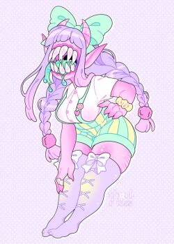 Rule 34 | 1girl, bow, braid, breasts, claws, collared shirt, colored skin, colored tongue, commentary, english commentary, full body, ghoulkiss, green bow, green shorts, green tongue, hair bow, heart, horns, impossible clothes, large breasts, long hair, long sidelocks, monster girl, no eyes, no shoes, original, pastel colors, pink skin, plump, pointy ears, purple hair, purple thighhighs, scrunchie, sharp teeth, shirt, shorts, sidelocks, solo, standing, stretch marks, striped clothes, striped shorts, suspenders, teeth, thick thighs, thighhighs, thighs, twin braids, vertical-striped clothes, vertical-striped shorts, very long sidelocks, white bow, white shirt, wrist scrunchie, yami kawaii, yellow shorts