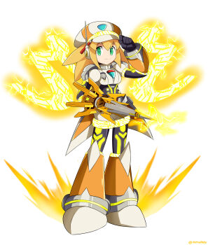 1girl absurdres arm_up armor armored_boots aura black_bodysuit bodysuit boots chest_jewel circuit_board closed_mouth commentary commission electricity english_commentary full_body glowing_bodysuit green_eyes grey_armor hair_between_eyes hat headphones headset highres holding holding_weapon jeweled_hat joints knee_boots knee_pads lightning long_hair looking_at_viewer m11xgirby mechanical_arms mechanical_boots mechanical_legs mega_man_(series) mega_man_legends_(series) mega_man_x_(series) mega_man_x_dive radio_antenna robot_joints roll_caskett_(mega_man) short_sleeves shorts shoulder_armor sidelocks simple_background smile solo spiked_hair standing weapon white_background yellow_armor yellow_hat