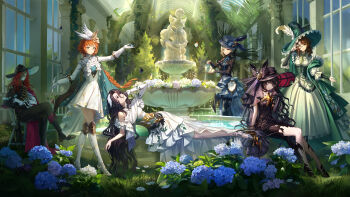 1boy 5girls absurdres adjusting_eyewear adjusting_hair aleph_(reverse:1999) arm_support black_boots black_bow black_choker black_dress black_gloves black_hair black_hat black_pants black_pantyhose black_shoes blue_cape blue_ribbon boater_hat boots bow braid brown_hair bug butterfly butterfly_on_hand cape chair choker clock closed_mouth coat corset covered_face cracked_mask crossed_legs dress elbow_gloves feather_hair_ornament feathers finger_to_mouth flower fountain full_body gloves green_coat green_corset green_eyes green_hat green_necktie greenhouse grey_eyes grey_hair grey_shoes hair_bun hair_ornament hand_on_eyewear hand_up hat hat_bow hat_feather hat_ornament high_heels highres holding holding_jug holding_quill hydrangea indoors insect invisible_chair isolde_(reverse:1999) isolde_(the_caged_lamenter)_(reverse:1999) jug_(bottle) kakania_(reverse:1999) lace-trimmed_headwear lace-up_boots lace_trim layered_dress long_braid long_dress long_hair long_sleeves looking_at_viewer looking_up lying medium_dress monocle multiple_girls neck_ribbon necktie official_alternate_costume on_chair on_side orange_hair pants pantyhose parted_lips plant poleyn pouring print_cape print_dress print_pantyhose puffy_long_sleeves puffy_sleeves purple_eyes qinghong_zaoshu quill rabbit_hat_ornament red_cape red_hair reverse:1999 ribbon scenery shoes short_dress short_hair single_braid single_elbow_glove single_side_bun sitting smile sonetto_(reverse:1999) sonetto_(the_steadfast_heart)_(reverse:1999) sparkle_print standing statue strapless strapless_dress thorns torn_clothes torn_dress vertin_(reverse:1999) very_long_hair water wavy_hair white_boots white_dress white_gloves white_mask willow_(reverse:1999) window wing_hair_ornament witch_hat