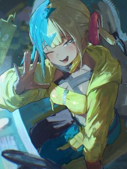 1girl ;d absurdres bandeau black_mask black_pants blonde_hair blue_eyes blue_hair blue_pants breasts canari_(pokemon) chair cleavage commentary criss-cross_straps dark-skinned_female dark_skin gaming_chair gen_4_pokemon highres indoors jacket kouchanthree looking_at_viewer mask mask_pull medium_breasts mega_stone mouth_mask multicolored_hair navel nintendo on_chair one_eye_closed open_mouth pants pokemon pokemon_legends:_z-a rotom rotom_phone short_twintails sitting smile solo split-color_hair swivel_chair twintails two-tone_hair two-tone_mask two-tone_pants waving yellow_bandeau yellow_jacket yellow_mask zipper